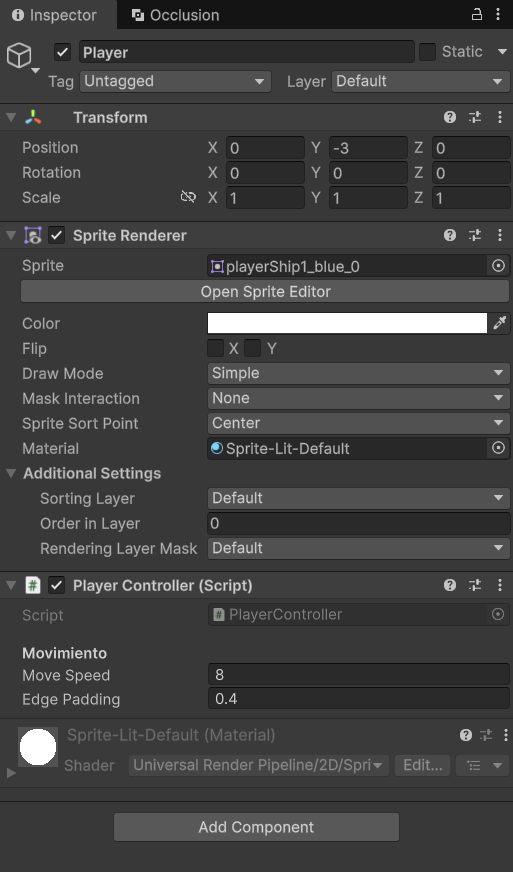 Player Controller agregado al Inspector