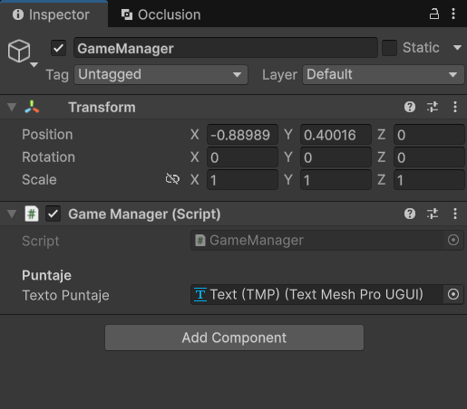 Inspector de GameManager con Texto Puntaje asignado